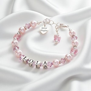 Personalised Bracelet for a Girl. Sterling Silver, Luxury Quality, Any Name. Pink Pearls & Butterflies