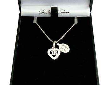 Sterling Silver Necklace with 18 Pendant and Personalised, Engraved Tag.