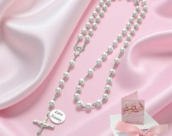 White Pearl Rosary Beads Personalised with Engraved Tag, in Gift Box. 8mm Glass Pearls. 925 Sterling Silver Tag. Any Engraving.