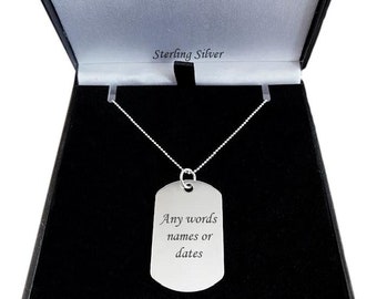 Sterling Silver Engraved Dogtag Necklace Personalised for Men, Boys, Large Dog Tag