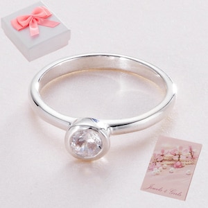 925 Sterling Silver Ring with Single CZ Crystal for Women or Girls, in Gift Box, Solitaire, Pretty Ring. Stackable.
