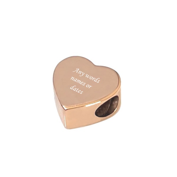 Engraved Rose Gold Heart Charm Bead with Personalised Engraving, Names, Dates or Words, Special Mum, Daughter, Bridesmaid, Goddaughter etc