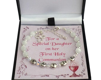 Girl's Personalised First Holy Communion Bracelet With Cross Charm, Gift Boxed for Daughter, Goddaughter, Granddaughter, Sister, Niece etc..