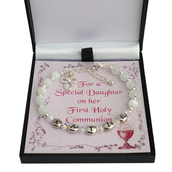 Girl's Personalised First Holy Communion Bracelet With Cross Charm, Gift Boxed for Daughter, Goddaughter, Granddaughter, Sister, Niece etc..