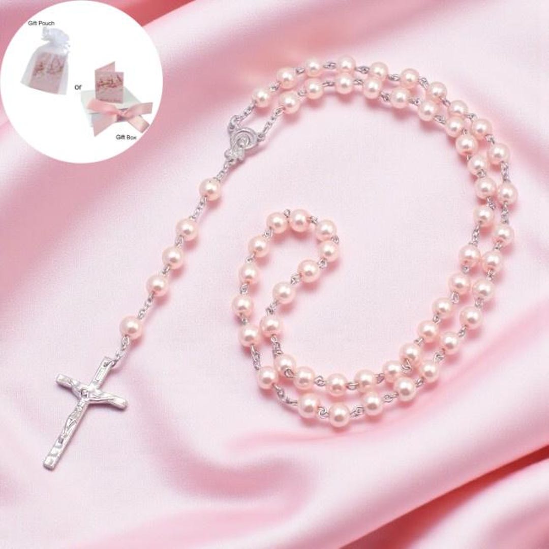 Chapelet Catholique Perles Roses - Croix Rétro - Pochette Velours - Cadeau Communion Baptême Prière