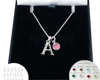 Collier 925 Argent Lettre Avec Pierre De Naissance - Personnalisable - Cadeau Noël Femme