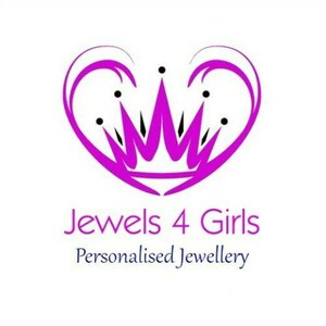 May include: A logo featuring a vibrant magenta heart outline surrounding a stylized magenta crown with black accents. Below the graphic, the text reads Jewels 4 Girls in magenta, followed by the text Personalised Jewellery in dark blue.