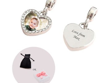 European Style, Personalised Photo Charm Heart, Any Photo,  Optional Engraving and Gift Packaging, Black and White or Colour Photo, Bead