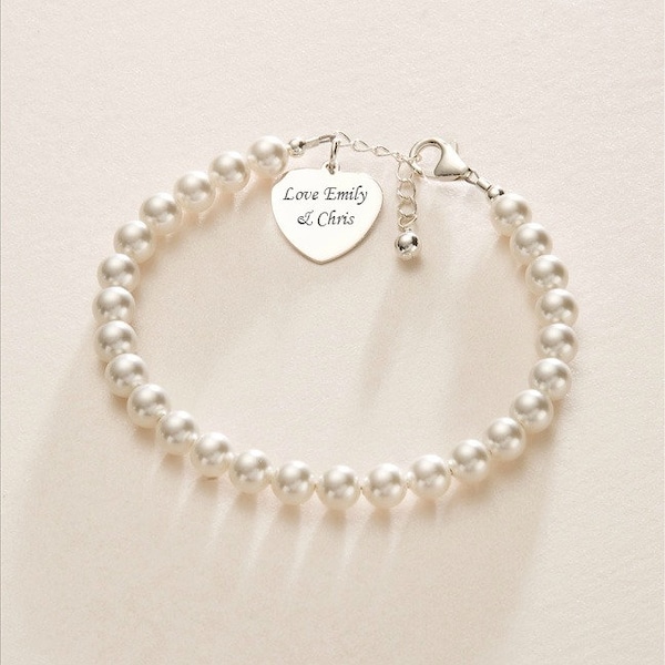 Perlen- & Silberarmband mit Gravur. Geschenk für die Mutter der Braut, Mutter des Bräutigams, Brautjungfer, alle Namen, Wörter oder Daten