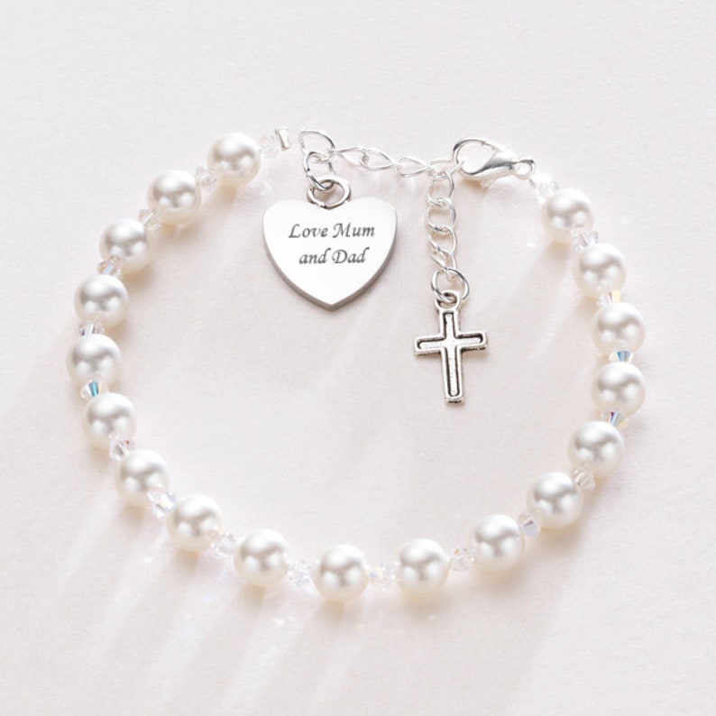 Engraved First Holy Communion Bracelet with Cross Charm for Girls image 4