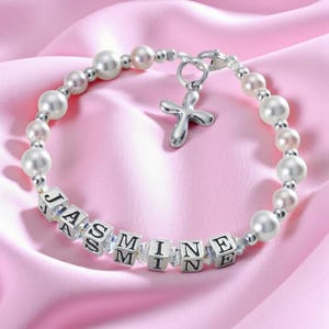 Girls Personalised Bracelet in Sterling Silver with Cross Charm. Communion or Christening Gift.