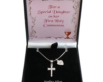 Personalised 925 Sterling Silver Cross Necklace, Gift for a Girl's First Holy Communion Day. Cross Pendant with Cubic Zirconia.