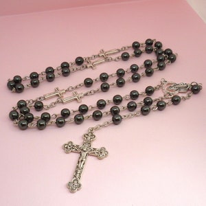 Hematite Rosary Beads in Grey Black, Necklace, Catholic Prayer Beads, First Holy Communion Gift