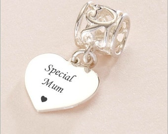 Engraved Sterling Silver Heart Charm for a Special Mum. European Charm, Can Be Personalised.