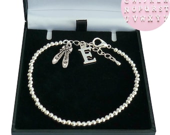 Silver Bead Bracelet with Letter Charm and Ballet Slippers Charm, Sizes for both Women & Girls. Gift for Ballet Lover, Ballerina.