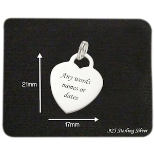 Personalisierter 925 Sterling Silber Herz Charm, Herz Charm mit Gravur. Kann mit allen Wörtern, Namen oder Daten personalisiert werden.