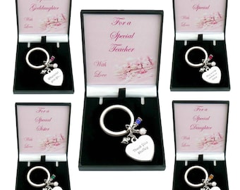 Birthstone Heart Keyring with Engraving in a  Personalised Gift Box for Daughter, Sister, Teacher, Mum, Mummy, Auntie, Niece etc...