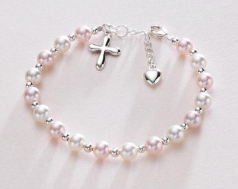 Bracelet de baptême en argent sterling et perles avec breloques croix et coeur. Cadeau pour fille. Perles en argent sterling 925 avec perles Preciosa.
