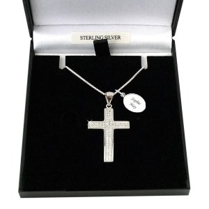 Croix personnalisée en argent sterling avec cristaux de zircone sur chaîne en argent. Grande taille. Coffret cadeau avec carte-cadeau pour fille et femme.