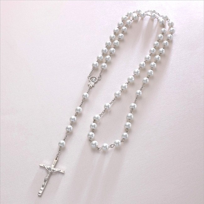 Beautiful White Pearl Rosary Beads. High Quality Glass Pearls