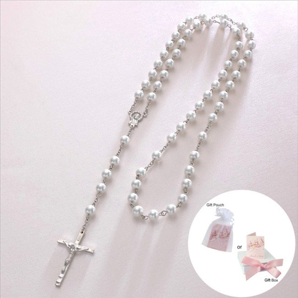 Wunderschöner Rosenkranz aus weißen Perlen. Hochwertige Glasperlen. Katholisch, christlich, Geschenk für Erstkommunion, Konfirmation, Mädchen, Frauen