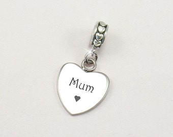Mum Charm, European Style Heart Charm for Snake Chains. Gift for Mum
