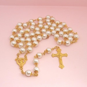 High Quality White Pearl Rosary Beads with a Virgin Mary Centrepiece and a Crucifix Cross, Gold plated