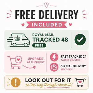 May include: An informational graphic with pink and green accents. Text reads: FREE DELIVERY INCLUDED, ROYAL MAIL TRACKED 48, UPGRADE AT CHECKOUT, FAST TRACKED 24, SPECIAL DELIVERY NEXT DAY, and LOOK OUT FOR IT on the way through checkout. Icons include a van, cart, and lightning bolt.
