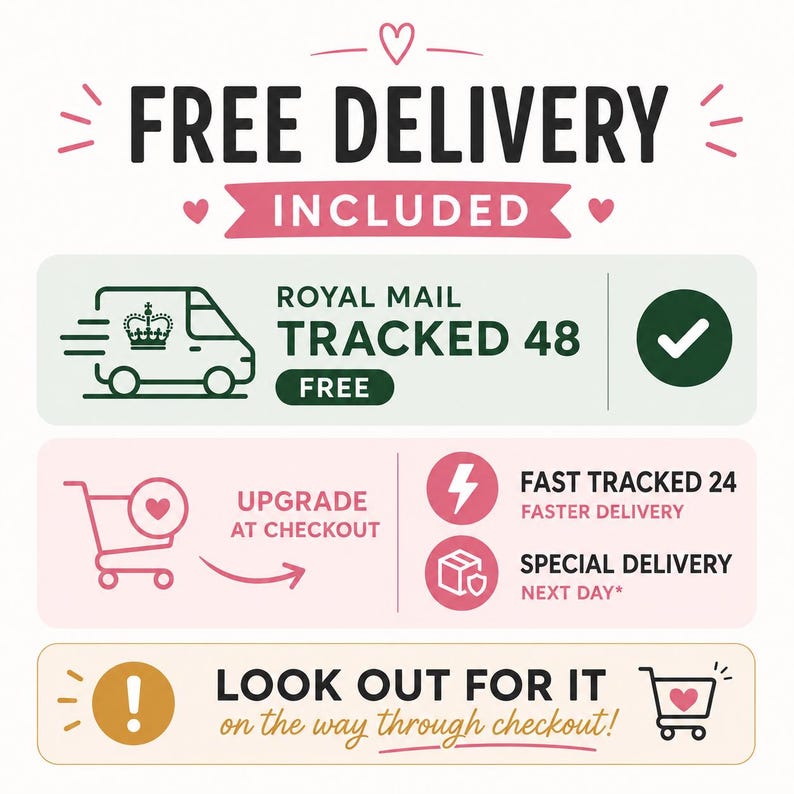 May include: An informational graphic with pink and green accents. Text reads: FREE DELIVERY INCLUDED, ROYAL MAIL TRACKED 48, UPGRADE AT CHECKOUT, FAST TRACKED 24, SPECIAL DELIVERY NEXT DAY, and LOOK OUT FOR IT on the way through checkout. Icons include a van, cart, and lightning bolt.