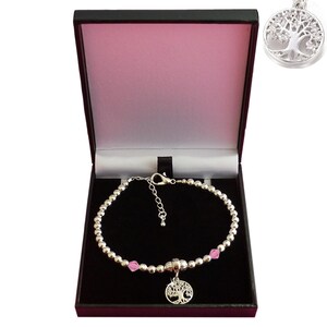 Birthstone Bracelet for Women and Girls, Silver Beads and a Tree of Life Charm