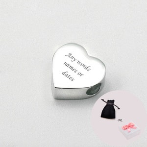 Engraved Heart Charm Bead, Personalised with Any Engraving, European Bead, Silver Steel.