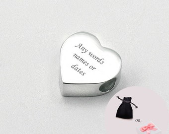 Engraved Heart Charm Bead, Personalised with Any Engraving, European Bead, Silver Steel.