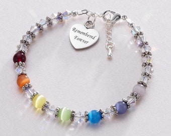 Rainbow Bracelet, Personalised with Any Engraving on Heart Charm, Sympathy Gift, Memorial