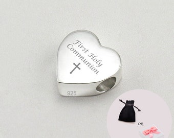 Sterling Silver Personalised Heart Charm for First Holy Communion. Any Engraving.