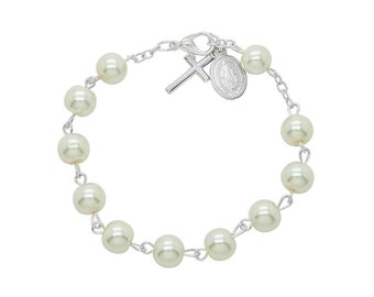 Beautiful White Pearl Rosary Bracelet. High Quality. Gift for a Catholic Girl. First Holy Communion Gift, Confirmation, Baptism.