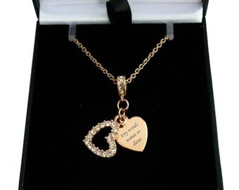 Rose Gold Necklace with Engraving on Heart Pendant and Crystal Heart over Engraved Heart