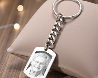 Photo Engraved Dog Tag Keyring. Engraving of Any Image. Personalised Gift for Man.