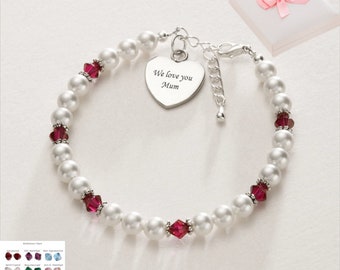 Birthstone Bracelet with Any Engraving on Heart Charm for Ladies or Girls