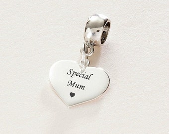 Engraved Special Mum Charm, Can be Personalised. 925 Sterling Silver Heart Charm For European Bracelets.