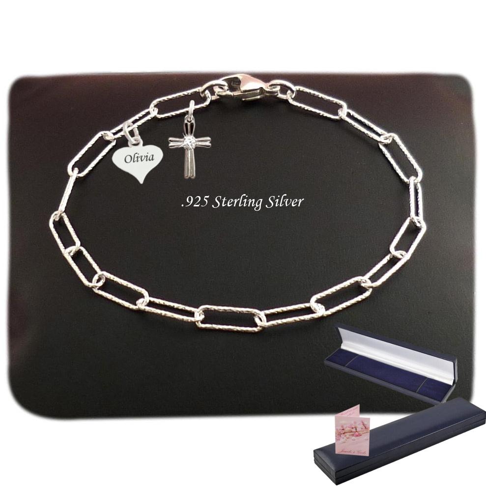 Personalised Bracelet, Diamond Cut Silver Paperclip Chain With