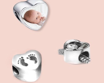 Foto Charm Herz Perle, personalisiert mit jedem Foto und Baby Füße, Fußabdrücke