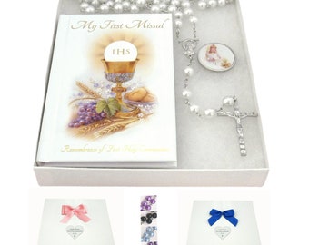 First Holy Communion Gift Set for Girl or Boy, Optional Engraving, Rosary, My First Missal Book and Pocket Token.