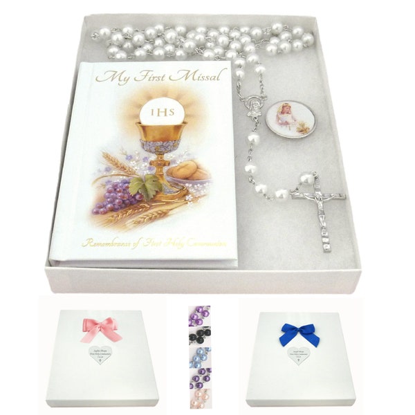 Coffret première communion pour fille ou garçon, gravure facultative, chapelet, livre de mon premier missel et jeton de poche.