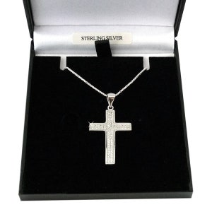 Grande croix en argent sterling avec cristaux de zircone sur chaîne en argent. Coffret cadeau avec carte-cadeau pour homme ou femme.