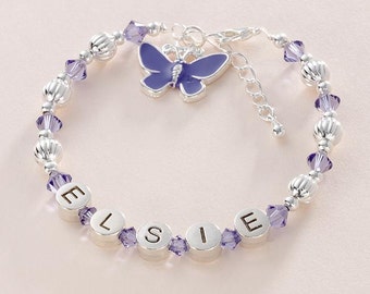 Personalised Girls Bracelet with Tanzanite or Pink Crystals & Butterfly. Childs Name Bracelet.