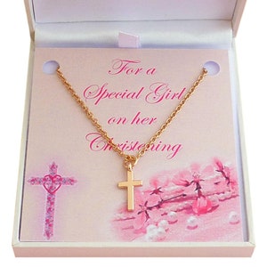 Collar de cruz de oro rosa para bautizo de niña con caja de regalo especial y elección de soportes para tarjetas para ahijada, hija, sobrina....