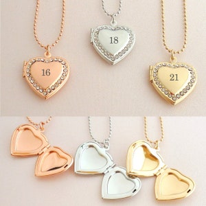 Heart Locket Necklace for 16th, 18th, 21st, 30th, 40th, 50th, 60th Birthday, Rose Gold, Silver or Gold, Gift for Her