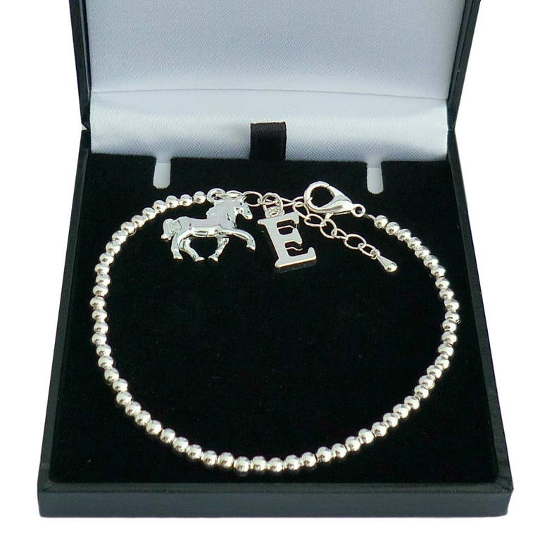 Gift Boxed Silver Plated Beaded Bracelet with any Letter Charm and a Horse Charm