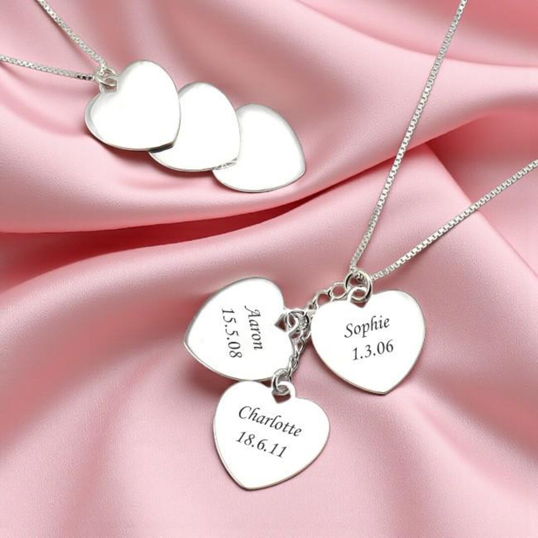 Sterling Silver Necklace With Three Personalised Heart Pendants