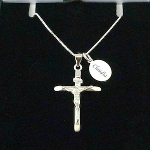 Crucifix cross and chain necklace, Sterling silver with an engraved silver oval tag which will hang next to the cross